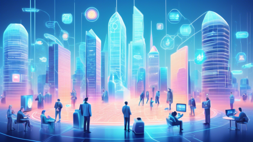 Create a futuristic cityscape where traditional banks transform into digital hubs with holographic financial advisors and virtual reality interfaces. The scene highlights people using smartphones and wearable devices to manage finances, while robots assist with transactions. Include a blend of skyscrapers and digital screens displaying various financial metrics and cryptocurrency symbols.