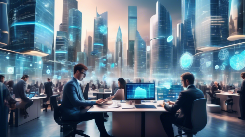 A bustling cityscape with futuristic buildings, where traditional banks are seamlessly integrated with high-tech fintech company offices. People are using mobile devices and tablets to manage their finances, while holographic charts of stock markets, digital currencies, and financial data are displayed in the air. The scene should encapsulate the blend of modern technology with the financial industry, showing innovation and digital transformation in action.